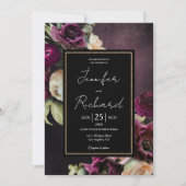 ダークムーディ開花ダスティパープルブラック結婚ズ 招待状 (正面)