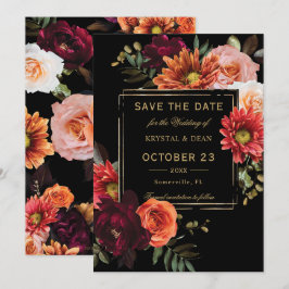 ダークムーディ ブラック バーガンディ オレンジ フローラル ウェディング セーブザデート