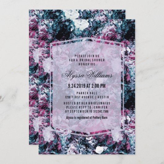 ダークムーデモダンィー花模様ブライダルシャワー 招待状 (正面/裏面)