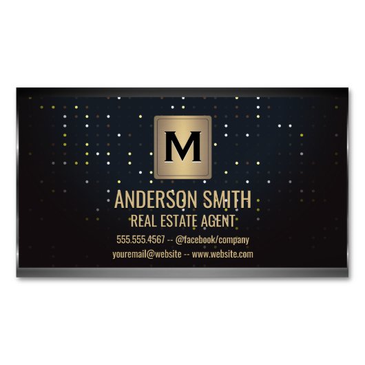 ダークメタリックフレーム |ラグジュアリー点々のある背景 マグネット名刺 (正面)