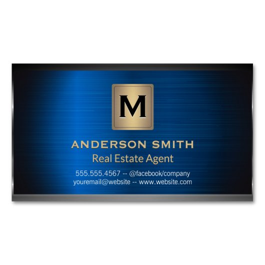 ダークメタリックフレーム | 青いメタリック背景 マグネット名刺 (正面)