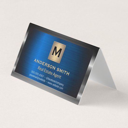 ダークメタリックフレーム | 青いメタリック背景 名刺 (正面)