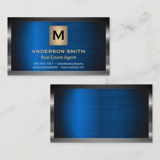 ダークメタリックフレーム | 青いメタリック背景 名刺 (正面/裏面)