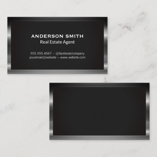 ダークメタリックフレーム | 黒いテクスチャの背景 名刺 (正面/裏面)