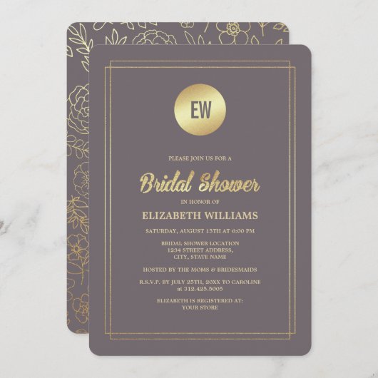 ダークモカ金ゴールドフローラブライダルシャワー 招待状 (正面/裏面)