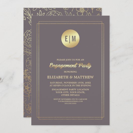 ダークモカ金ゴールドフローラ婚約パーティ 招待状 (正面/裏面)