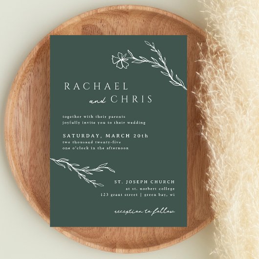 ダークモスエメラルドグリーンモダンステンシルボタニカル 招待状