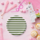 ダークモスグリーンと白ストライプ色 ペーパープレート (パーティー)