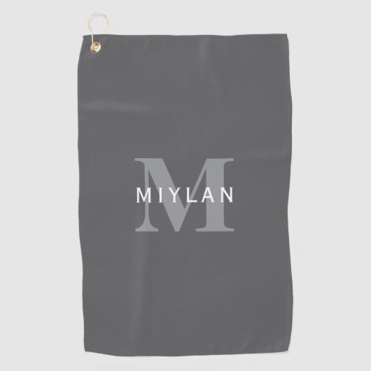 ダークモダングスタイリッシュ・グレイ・モノグラムと名前 ゴルフタオル (正面)