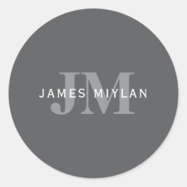 ダークモダングスタイリッシュ・グレイ・モノグラムと名前 ラウンドシール