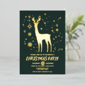 ダークモダングリーンと金ゴールド鹿エレガントクリスマスパーティー 箔招待状 (立ち正面)