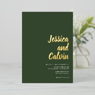 ダークモダングリーン金ゴールド文字結婚式招待状 箔招待状