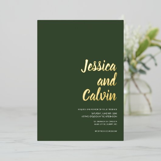 ダークモダングリーン金ゴールド文字結婚式招待状 箔招待状 (立ち正面)