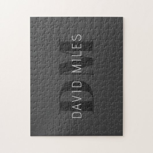 ダークモダングレーと黒の編集可能な名前とモノグラム ジグソーパズル (縦)