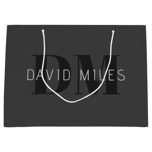 ダークモダングレーと黒の編集可能な名前とモノグラム ラージペーパーバッグ (正面)