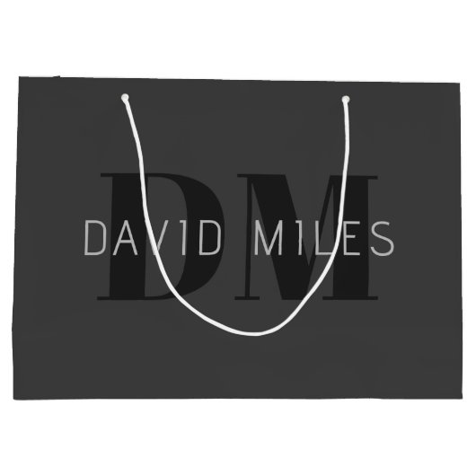 ダークモダングレーと黒の編集可能な名前とモノグラム ラージペーパーバッグ (裏面)