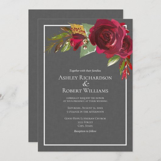 ダークモダングレーリネンブルゴーニュフローラ結婚ズ 招待状 (正面/裏面)