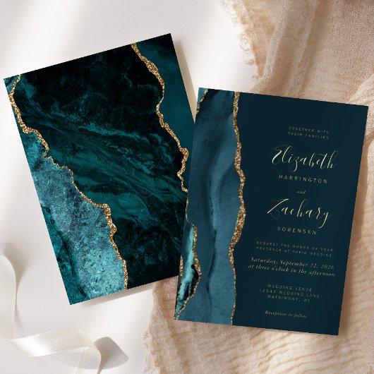 ダークモダンティール(緑がかった色)ブルー金ゴールドアゲート結婚ズ 箔招待状