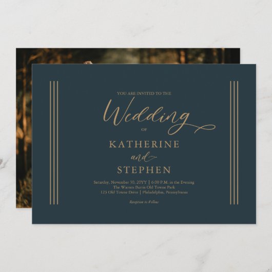 ダークモダンティール(緑がかった色)ミニマル結婚式招待状 招待状 (正面/裏面)