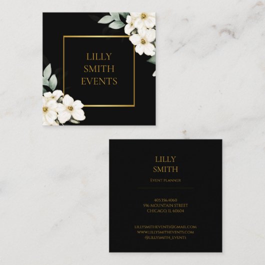 ダークモダンビジネスカード水彩フローラデザイン スクエア名刺 (正面/裏面)