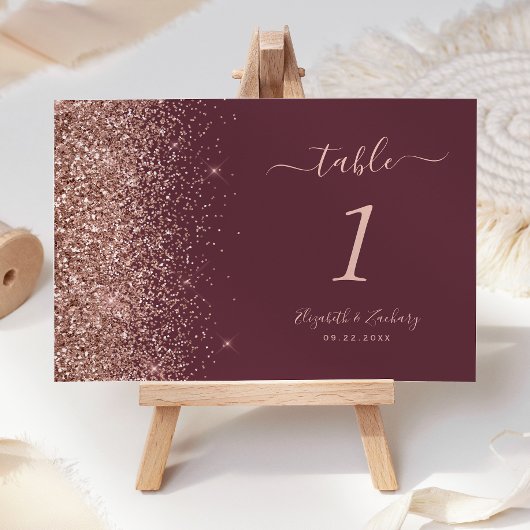 ダークモダンブルゴーニュバラ金ゴールド結婚グリッター テーブルナンバー