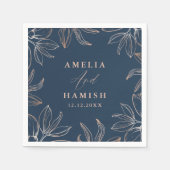 ダークモダンブルーとバラ金ゴールドの結婚葉 スタンダードカクテルナプキン (正面)