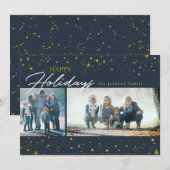 ダークモダンブルーの休日の挨拶にゴールデンスターズ シーズンカード (正面/裏面)