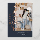 ダークモダンブルーバラ金ゴールド写真クリスマス 箔シーズンカード (正面)