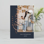 ダークモダンブルーバラ金ゴールド写真クリスマス 箔シーズンカード (立ち正面)