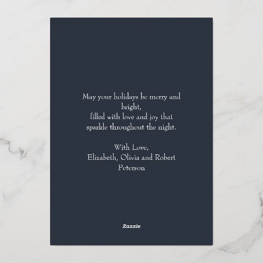 ダークモダンブルーバラ金ゴールド写真クリスマス 箔シーズンカード (裏面)