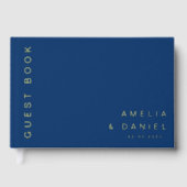 ダークモダンブルー結婚ブラウンの名前の日付フォイル ゲストブック (正面)
