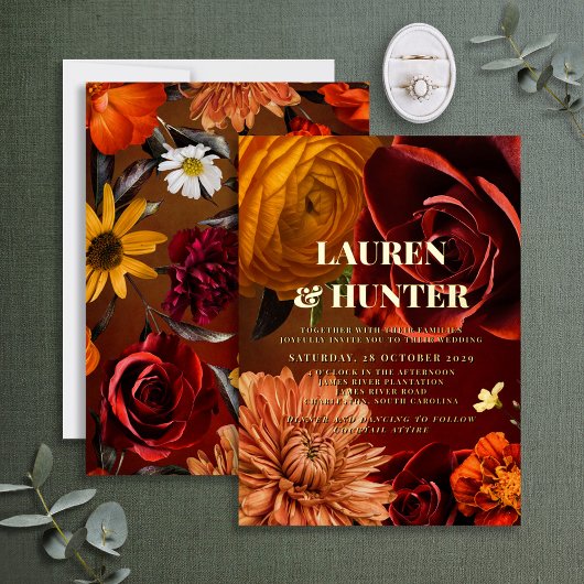 ダークモダンムーディサンセットフローラ結婚の金ゴールド 箔招待状