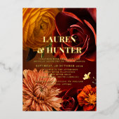 ダークモダンムーディサンセットフローラ結婚の金ゴールド 箔招待状 (正面)