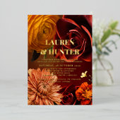 ダークモダンムーディサンセットフローラ結婚の金ゴールド 箔招待状 (立ち正面)