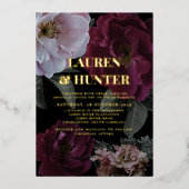 ダークモダンムーディバーガンディフローラ結婚の金ゴールド 箔招待状 (正面)