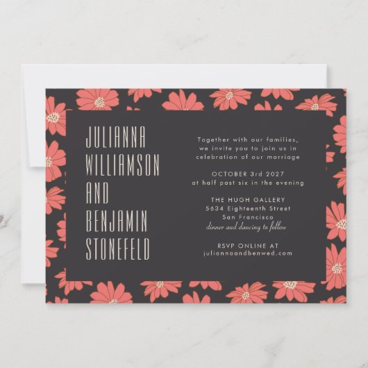 ダークモダンレッドフローラレトロ結婚タイポグラフィ 招待状 (正面)