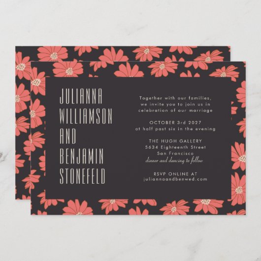 ダークモダンレッドフローラレトロ結婚タイポグラフィ 招待状 (正面/裏面)