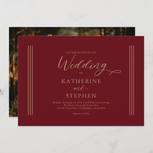 ダークモダンレッドミニマル結婚式招待状 招待状 (正面/裏面)