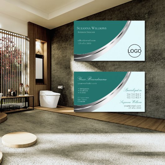 ダークライトティール（緑がかった色）(シルバーの装飾とロゴ付きスタイリッシュ) 名刺