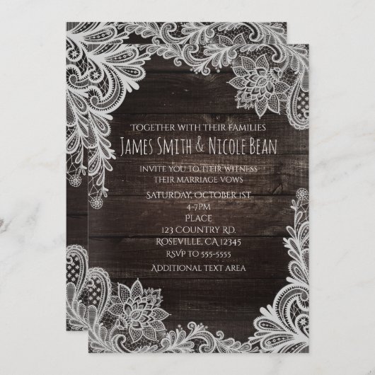 ダークラスティックウッド&エレガントレースのウェディング招待状 招待状 (正面/裏面)