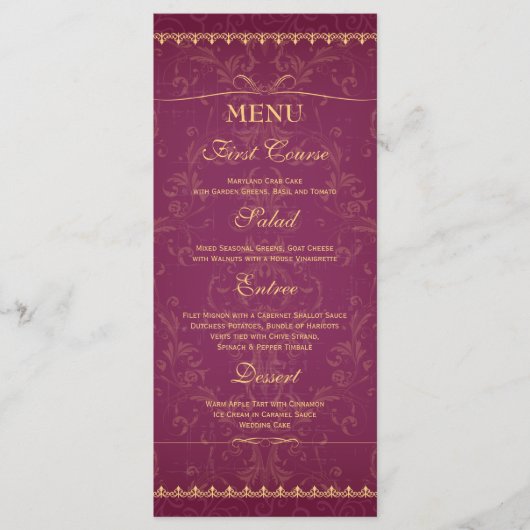 ダークラズベリーと金ゴールドエレガントな結婚式のメニュー メニュー (正面)