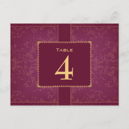 ダークラズベリー結婚と金ゴールドのテーブル番号 ポストカード