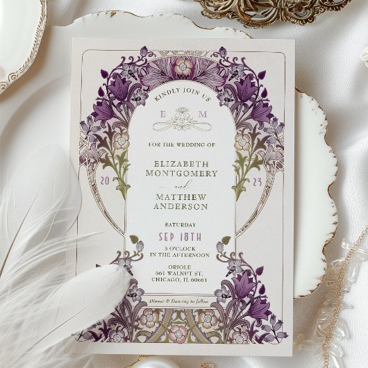 ダークラベンダーヴィンテージウェディング招待状と情報 招待状