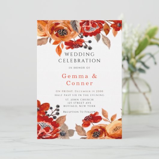 ダークレッドとオレンジのフローラ結婚式招待状 招待状 (スタンド正面)