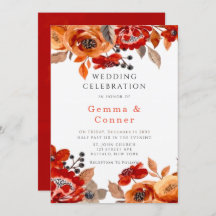 ダークレッドとオレンジのフローラ結婚式招待状