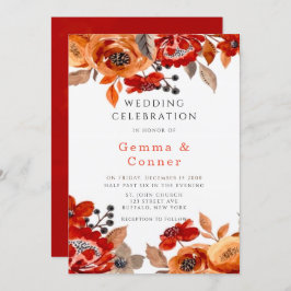 ダークレッドとオレンジのフローラ結婚式招待状 招待状