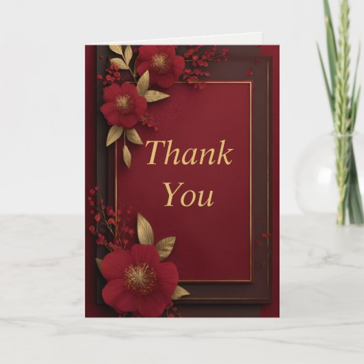 ダークレッドとゴールドの背景に赤い花のThank Youカード 招待状 (正面)