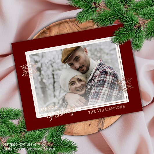 ダークレッドと金ゴールドの美しいアートスノーフレーク 箔シーズンポストカード