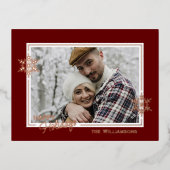 ダークレッドと金ゴールドの美しいアートスノーフレーク 箔シーズンポストカード (正面)