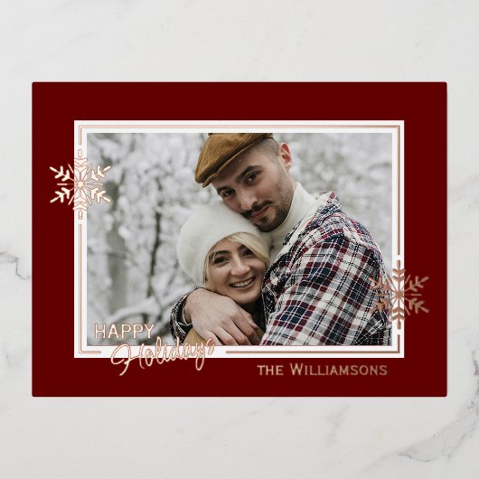 ダークレッドと金ゴールドの美しいアートスノーフレーク 箔シーズンポストカード (正面)